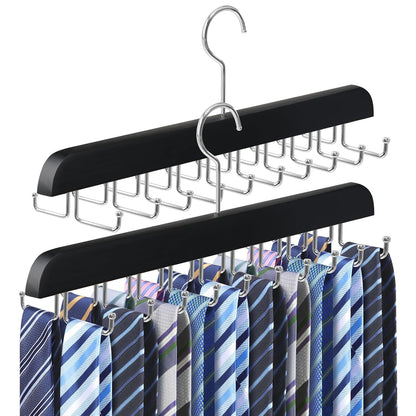2PC Tie Rack Organizer, Tie Hanger for Closet with 20 Foldable Hooks, Black | Non Slip Neck Tie Organizer, Large Capacity, Space Saving, 360° Rotating Hook, Fits for Tank Tops Bras Cami Scarves