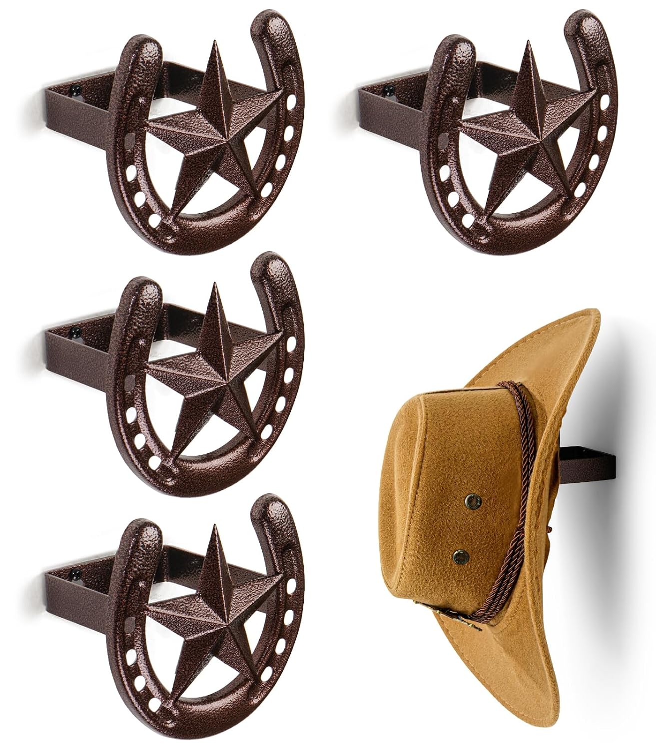 Cowboy Hat Hanger Wall Mount, 4 Pack Cowboy Hat Rack, Metal Horseshoe Hook | Horseshoe Decor, Western Hat Hook for Wall, Hat Holder for Entryway Closet, Bridle Hook for Tack Room, Horse Supplies, Bronze