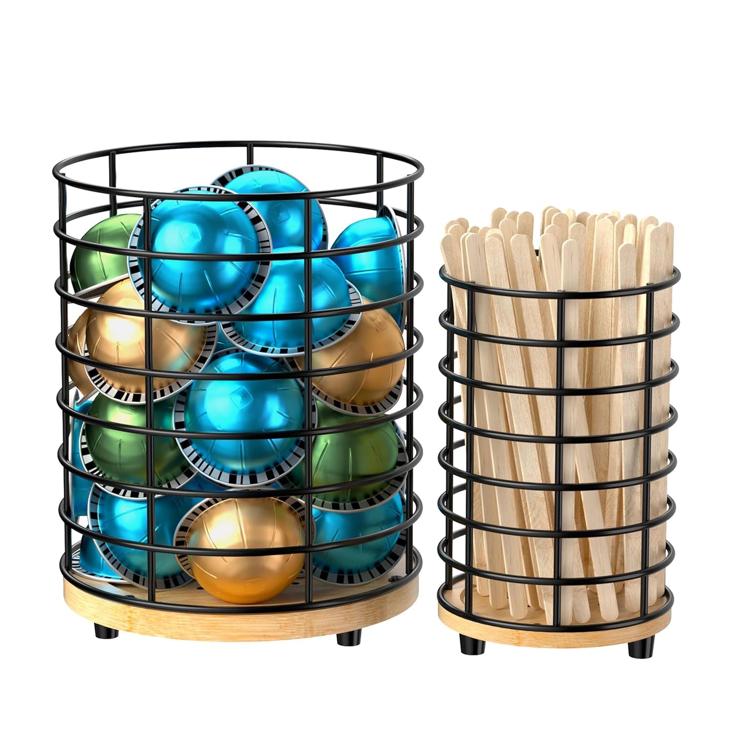 HBlife Coffee Pod Holder & Coffee Stirrers Holder Set, Metal and Wooden Coffee Bar Accessories Large Capacity Kitchen Counter Decor for Keurig K cup & Nespresso Vertuo (Black Wire)