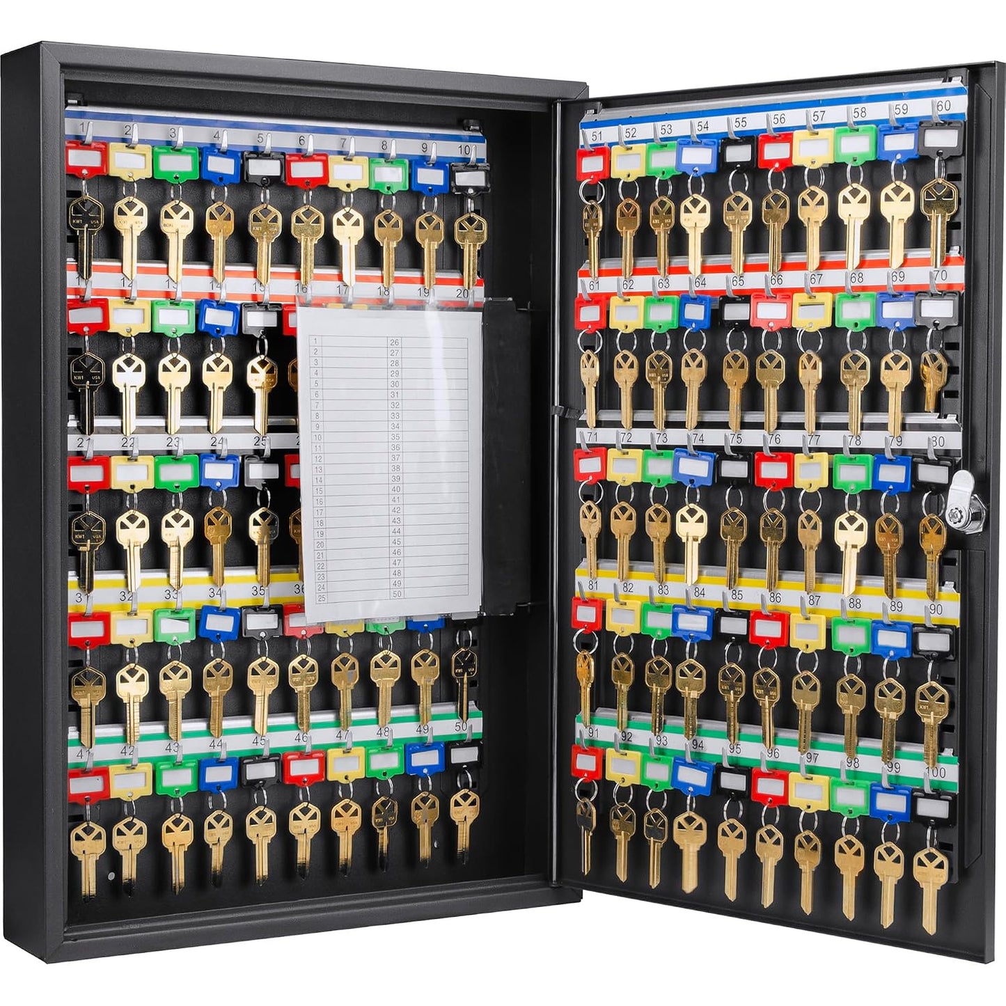Barska 100-Position Key Lock Box – Solid Steel Key Cabinet with Adjustable Numbered Hooks, Key Log Sheet, Color Tags & Index Chart – Wall-Mount Organizer, Black Finish Key Organizer Keybox