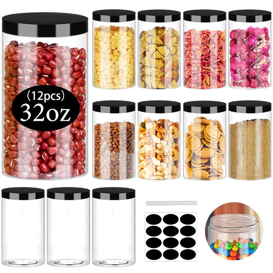 Clear Plastic Jars 32oz 12Pack Big Round PET Plast... (Black,Clear | 32OZ 12Pack)