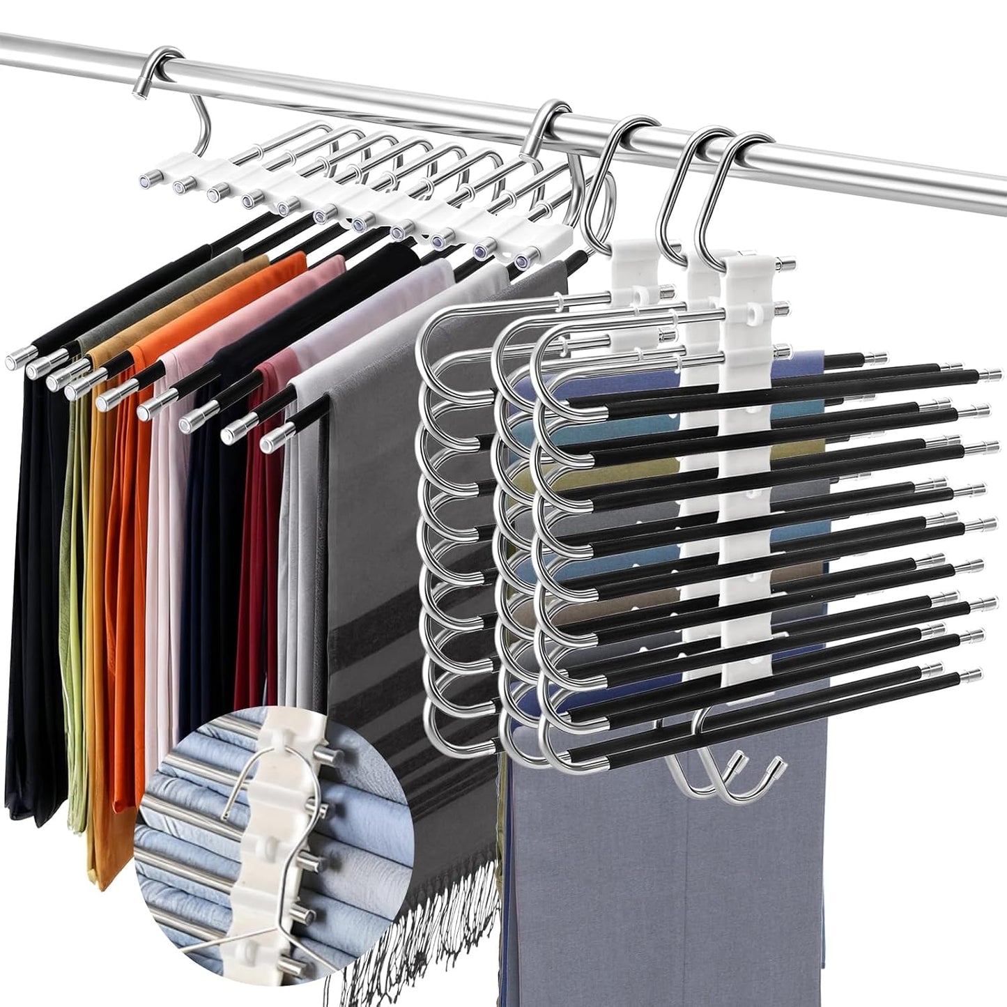 4 Pack Pants Hangers Space Saving 9 Layers, Non-Slip Closet Storage Organizers, Stainless Steel Jean Clothes Hanger Pants Rack for Trousers Scarf Leggings Skirts, Dorm Room Apartment Essentials