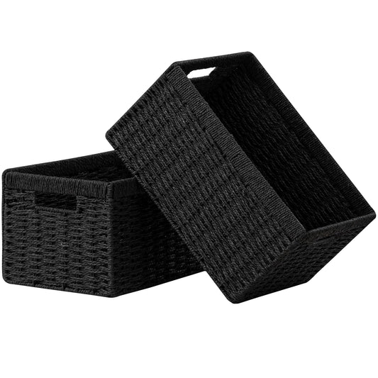 UBBCARE 2 Pack Wicker Basket, 13.4L×8.3H×7.1W inch Woven Paper Rope Storage Baskets for Shelves, Foldable Rectangular Storage Baskets with Handle, Storage Basket for Organizing, Black