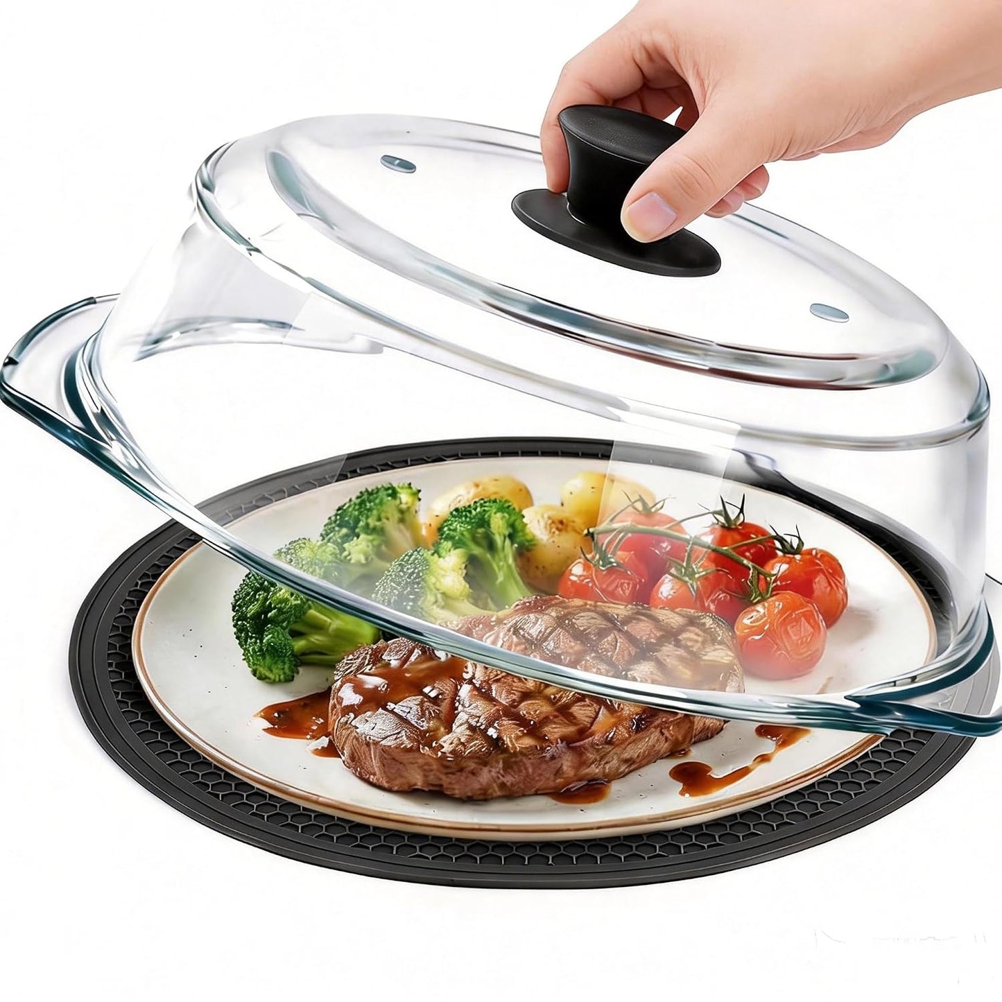 Glass Microwave Splatter Cover for Food with Microwave Place Mat - Sturdy Plate Guard Lid with Vent Holes and Easy-Grip Silicone Handle - BPA Free, Dishwasher Safe (Black)