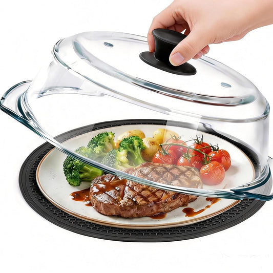 Glass Microwave Splatter Cover for Food with Microwave Place Mat - Sturdy Plate Guard Lid with Vent Holes and Easy-Grip Silicone Handle - BPA Free, Dishwasher Safe (Black)