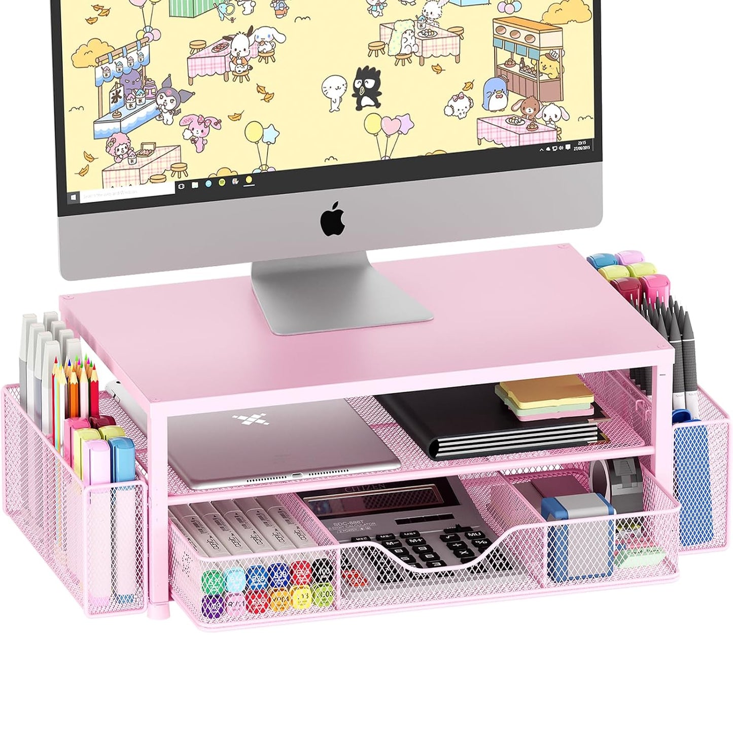 Desk Organizer and Accessories, 2-Tier Computer Monitor Stand Riser with Drawer and 2 Pen Holders, Laptop Stand, Office Desk Accessories for Office Supplies, 1 Pack, Pink