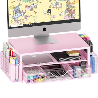 Desk Organizer and Accessories, 2-Tier Computer Monitor Stand Riser with Drawer and 2 Pen Holders, Laptop Stand, Office Desk Accessories for Office Supplies, 1 Pack, Pink