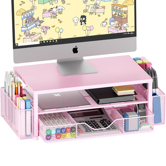 Desk Organizer and Accessories, 2-Tier Computer Monitor Stand Riser with Drawer and 2 Pen Holders, Laptop Stand, Office Desk Accessories for Office Supplies, 1 Pack, Pink