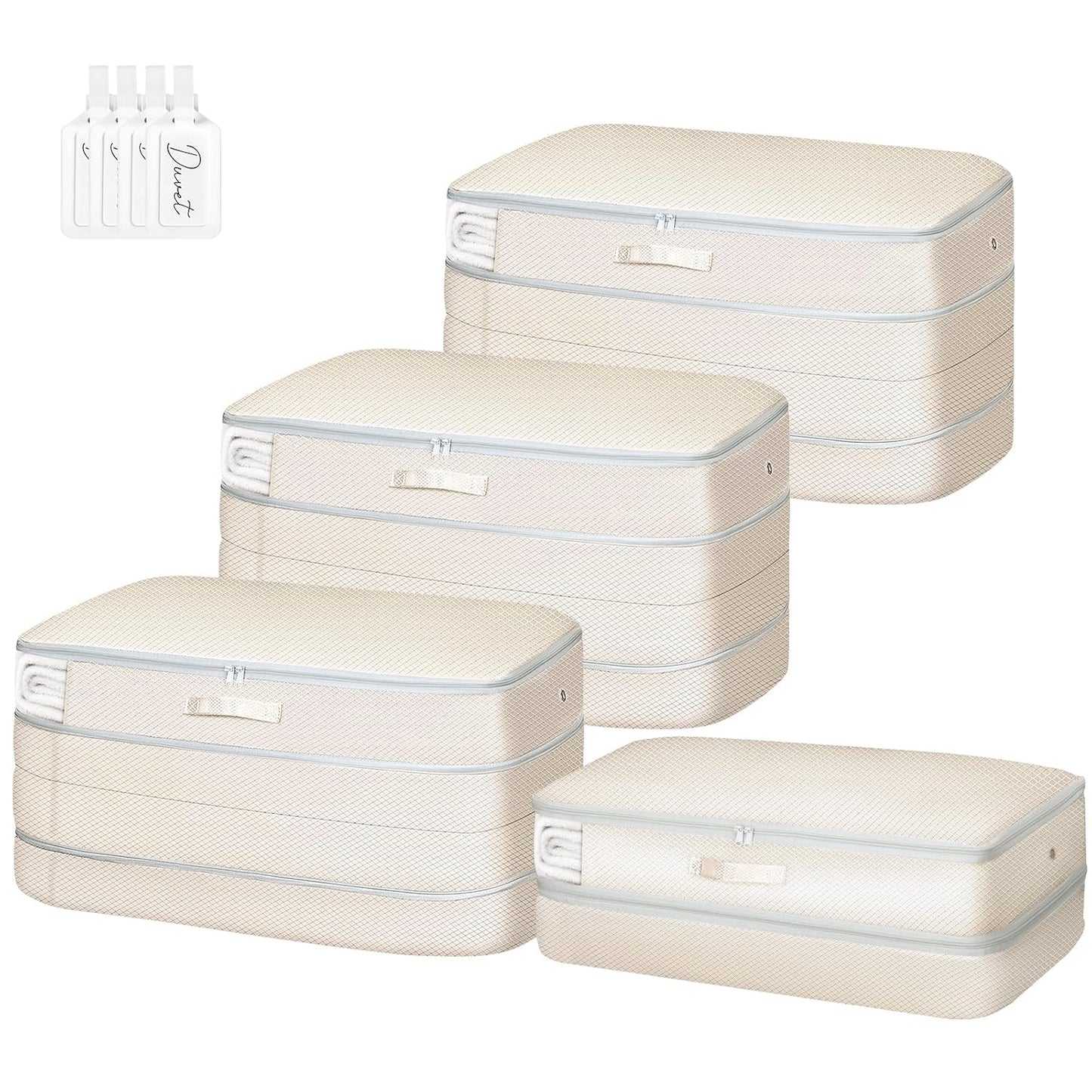 Comforter Storage Bag - Large Capacity Bedding Storage Bags Ultra Space Saving Self Compression Organizer, Washable Compression Bags for Storage Comforter Blanket Duvet Pillow, 4-Pack, Beige