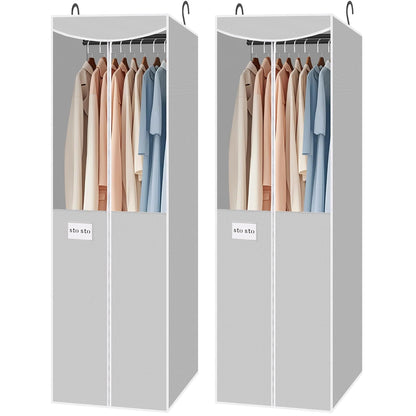 STO STO 2 Pack Garment Bag for Hanging Clothes Closet, Hanging Garment Cover with Built-in Steel Hanging Rod, Hanging Wardrobe Storage Bag for Suit, Dress with Clear Window, Zipper, ID Card, Gray