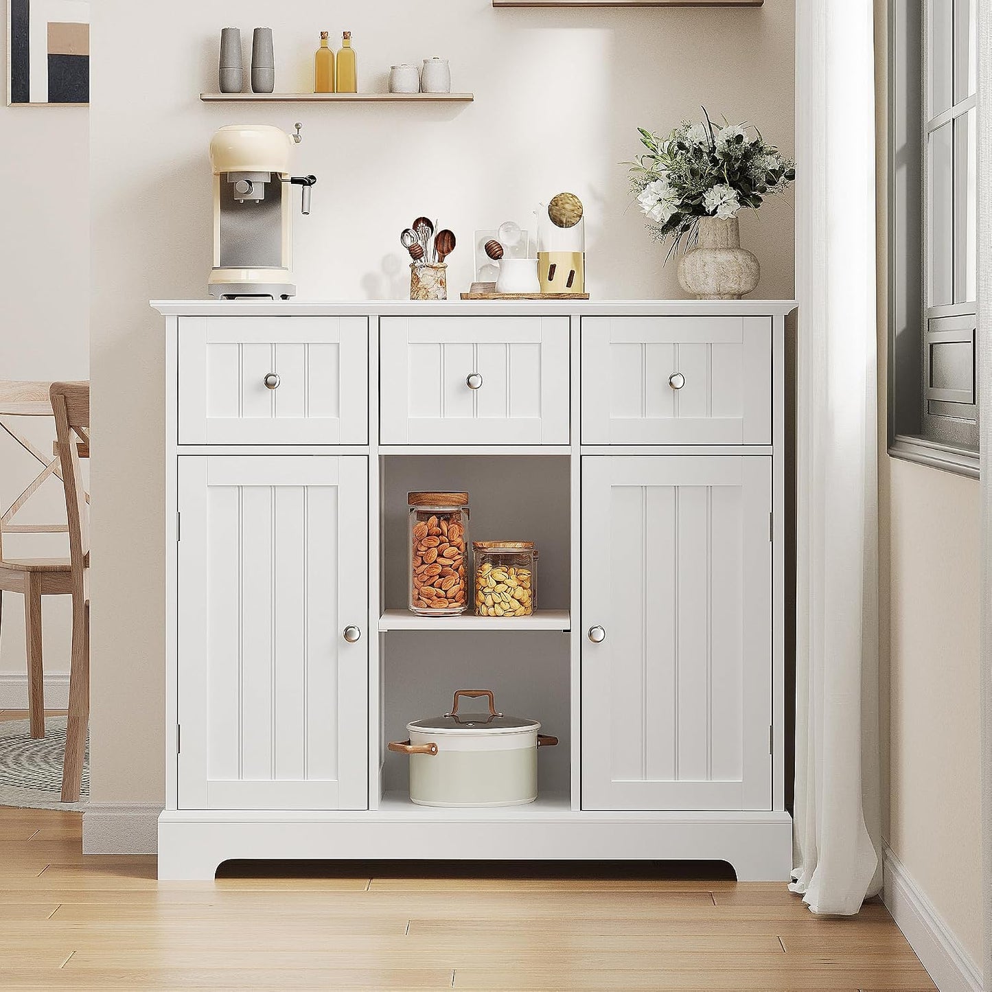 ChooChoo 35.4" Coffee Bar Cabinet with 3 Drawers and 2 Doors, White | Buffet Cabinet with Adjustable Shelves, Storage Cabinet for Compact Kitchens, Dining rooms and Living rooms