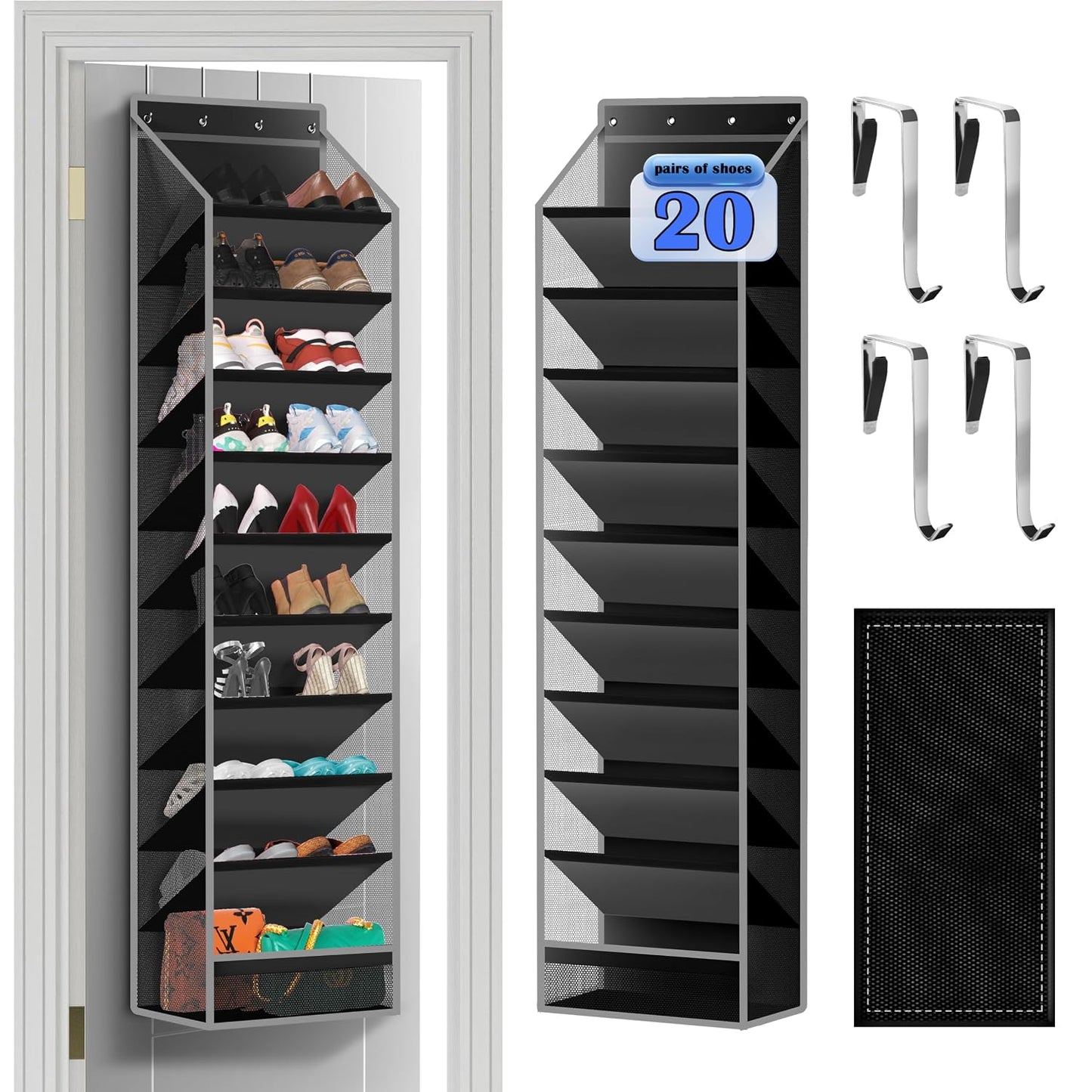 10 - Pocket Over - the - Door Hanging Shoe Organizers & Rack, Made of Sturdy 600D Oxford + Non - Woven Fabric, Space - Saving Storage for Shoes, Boots & More (Black)
