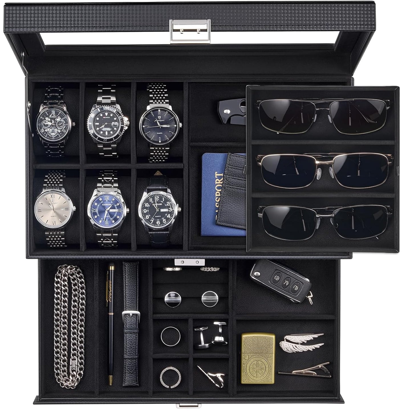 ProCase Mens Jewelry Box,6 Slot Watch Box & 3 Slot Sunglass Holder-AllBlack | 2-layer Lockable Sunglasses Jewelry Organizer Storage for Men, Watch Display Case with Drawer, Clear Lid, Father Gift