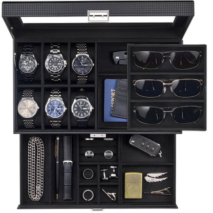 ProCase Mens Jewelry Box,6 Slot Watch Box & 3 Slot Sunglass Holder-AllBlack | 2-layer Lockable Sunglasses Jewelry Organizer Storage for Men, Watch Display Case with Drawer, Clear Lid, Father Gift