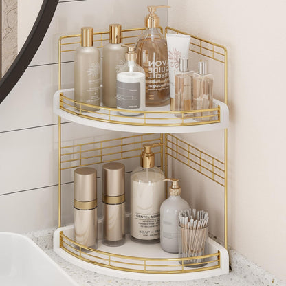 Bathroom Countertop Corner Organizer for Small Spaces, 2-Tier Counter Shelf | Oak Wood & Iron, Fan-Shaped Counter Shelf for Sink & Vanity Corners, Skincare, Toiletries, Compact Vertical Storage, Walnut