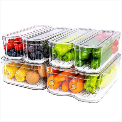 6 Pack Clear Fridge Organizer Bins with Drain Trays - Stackable
