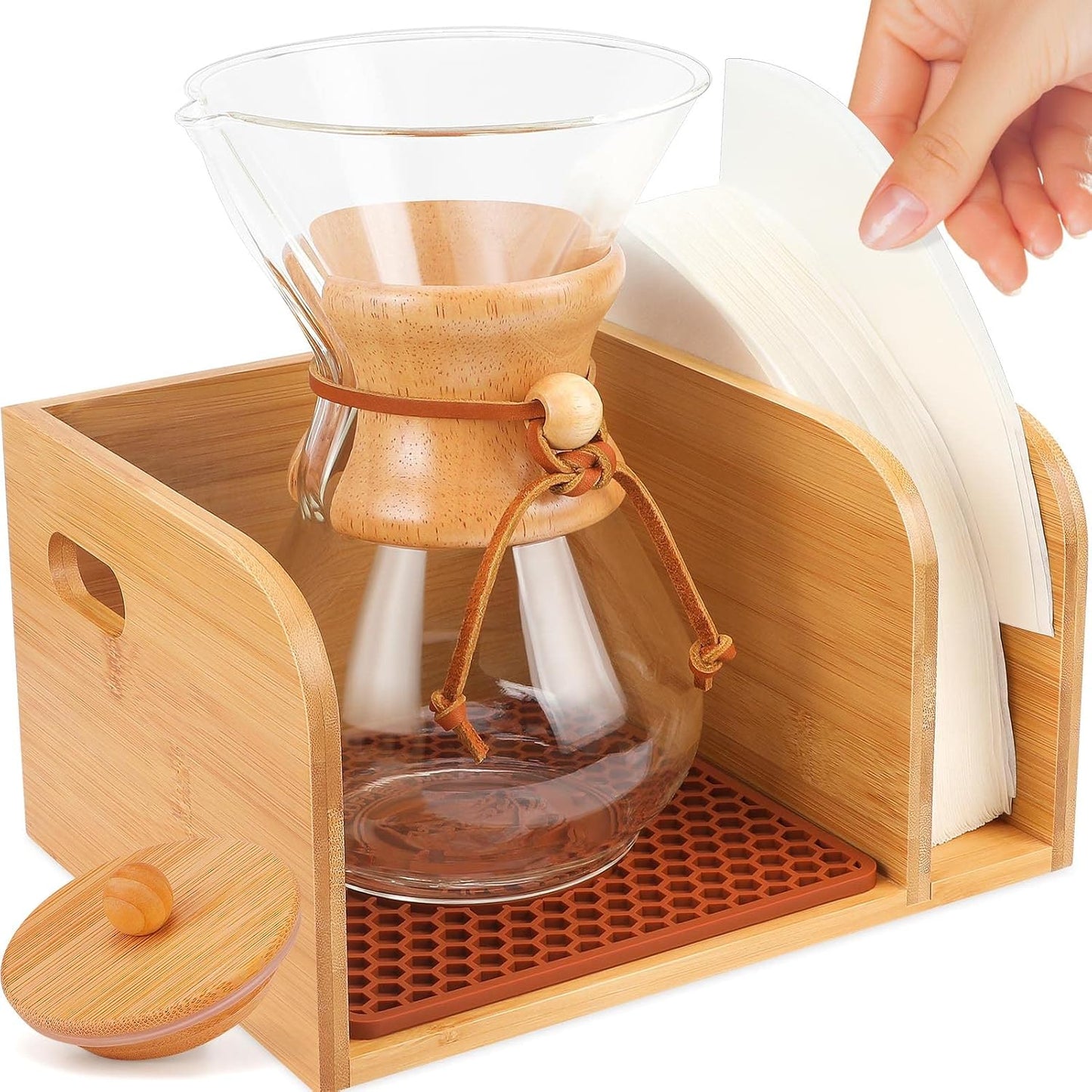 Bamboo Caddy with Lid & Heatproof Trivets Mat for Chemex CoffeeMakers | Bamboo Cup not Included - Designed for Chemex Pour - Over Glass Coffeemaker(3/5/6/8/10Cup), for Bodum Pour Over Coffee makers