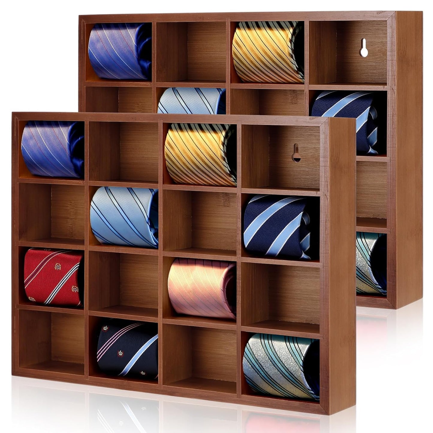 Wesiti Tie Box Organizer Wall Mounted Tie Rack with 16 Compartments Bamboo Belt Holder for Men Scarf Necktie Home Wall Closet(Dark Brown Color,2 Piece)