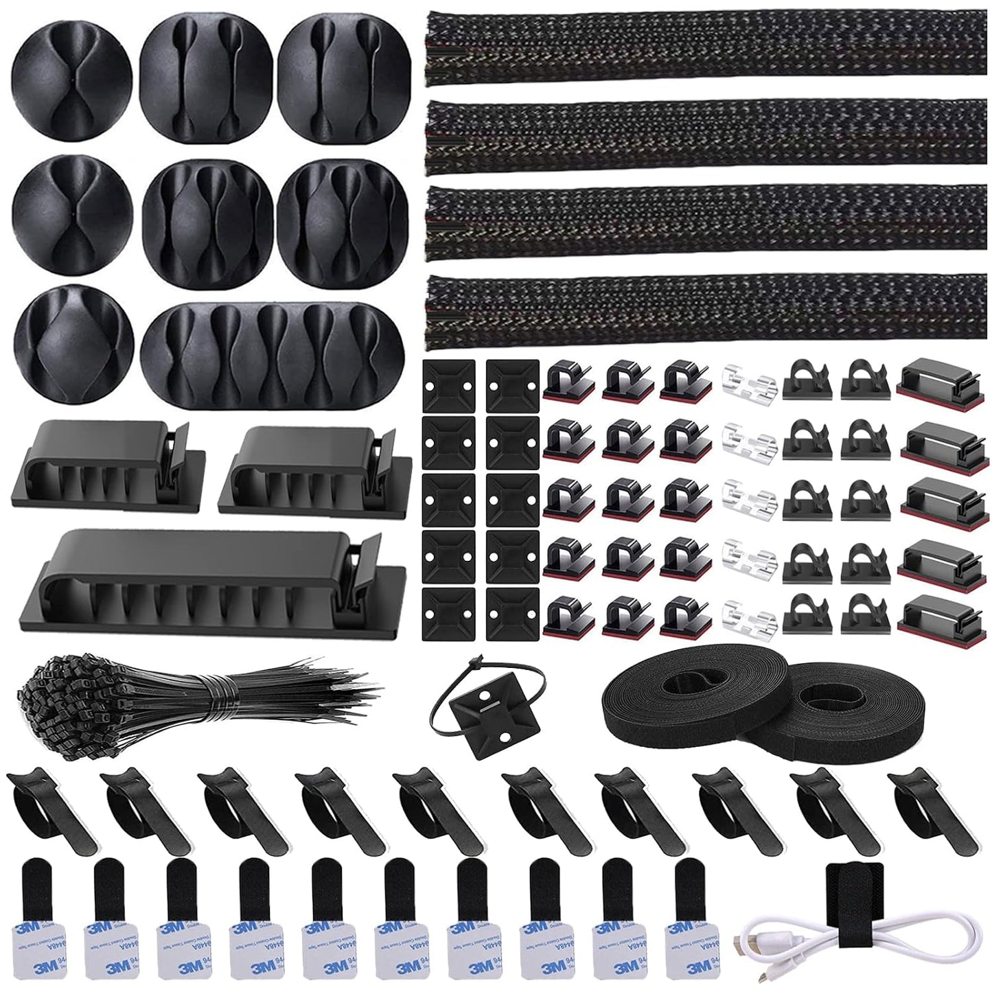 N NOROCME 192 PCS Cable Management Kit 4 Wire Organizer Sleeve | 11 Cable Holder,35Cord Clips 10+2 Roll Cable Organizer Straps,100 Fastening Cable Ties,for Computer TV Under Desk
