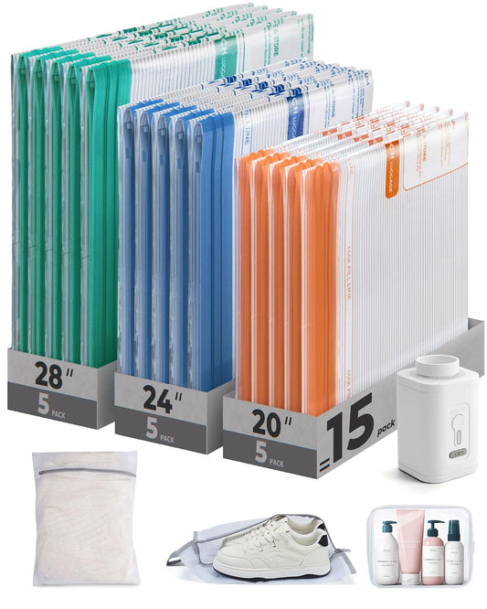 BAGSMART Travel Vacuum Bags with Rechargeable Electric Pump, 18PC Kit | Bonus Shoe, Laundry & Toiletry Bags, Reclaim 80% luggage space. Ideal for suitcase packing, travel & home.