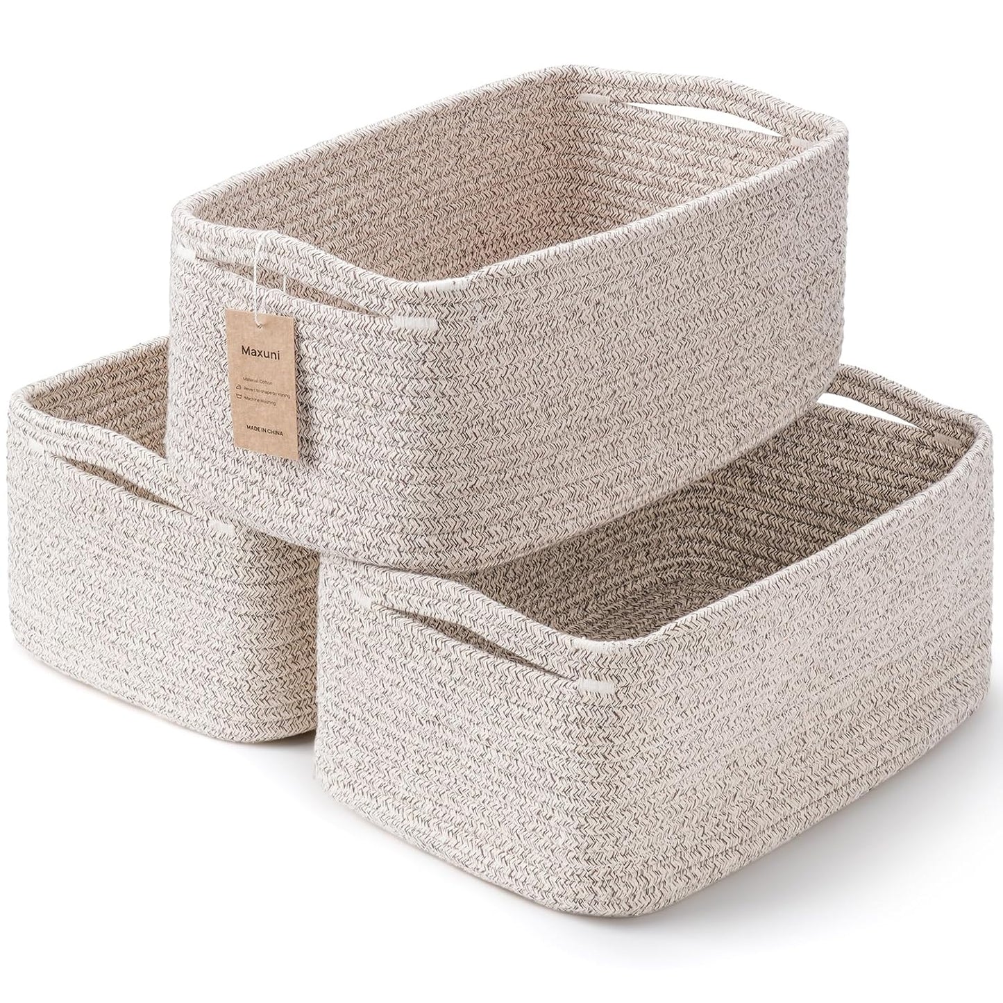 3 Pack Small Storage Baskets for Organizing, 11.8×7.8×5.1", Mixed Brown | Woven Baskets for shelves, Cotton Rope Basket for Gifts Empty, Closet Organizer Bins with Handles, Cube Decorative Box