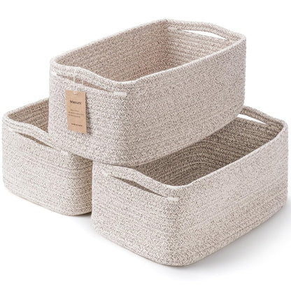 3 Pack Small Storage Baskets for Organizing, 11.8×7.8×5.1", Mixed Brown | Woven Baskets for shelves, Cotton Rope Basket for Gifts Empty, Closet Organizer Bins with Handles, Cube Decorative Box