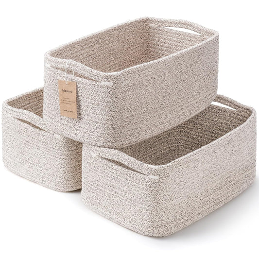 3 Pack Small Storage Baskets for Organizing, 11.8×7.8×5.1", Mixed Brown | Woven Baskets for shelves, Cotton Rope Basket for Gifts Empty, Closet Organizer Bins with Handles, Cube Decorative Box