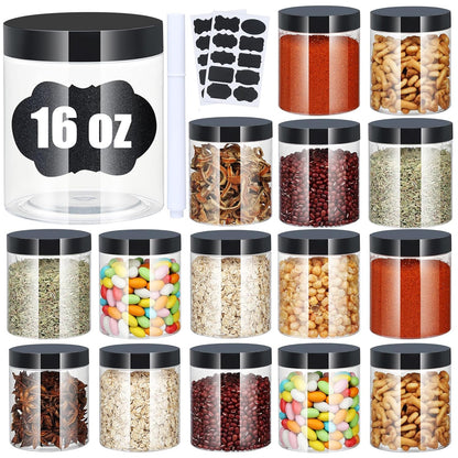 Plastic Jars with Lids, 16 oz Plastic Containers with Lids Clear Airtight Container Storage Jar Mason Jars for Dry Food Peanut Butter Honey Jam Cosmetics, Pack of 16 (16 PCS Black Lids)