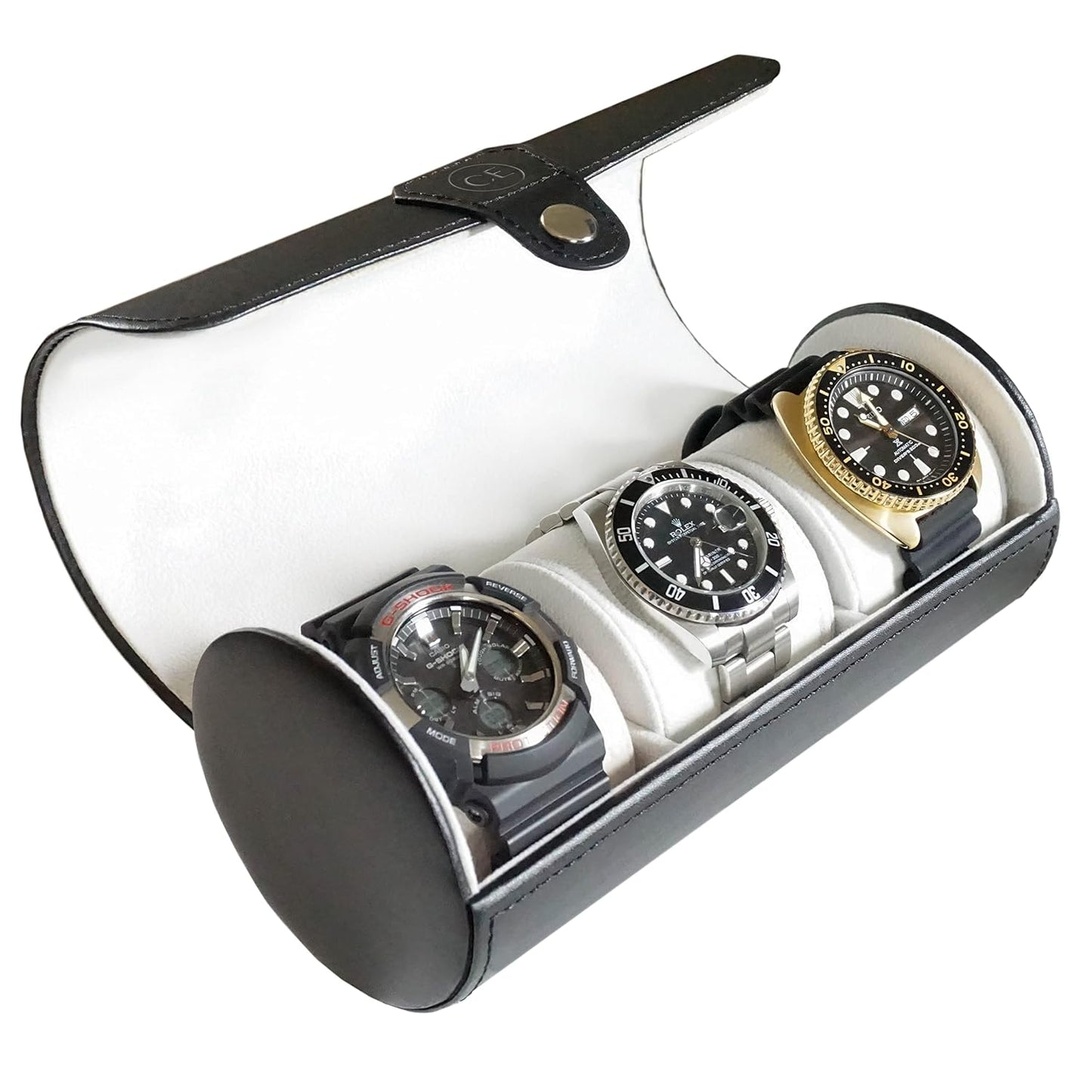 CASE ELEGANCE 3-Watch Travel Case Roll Organizer - Black | Vegan faux leather, for men, watch display case