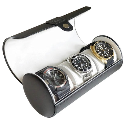 CASE ELEGANCE 3-Watch Travel Case Roll Organizer - Black | Vegan faux leather, for men, watch display case