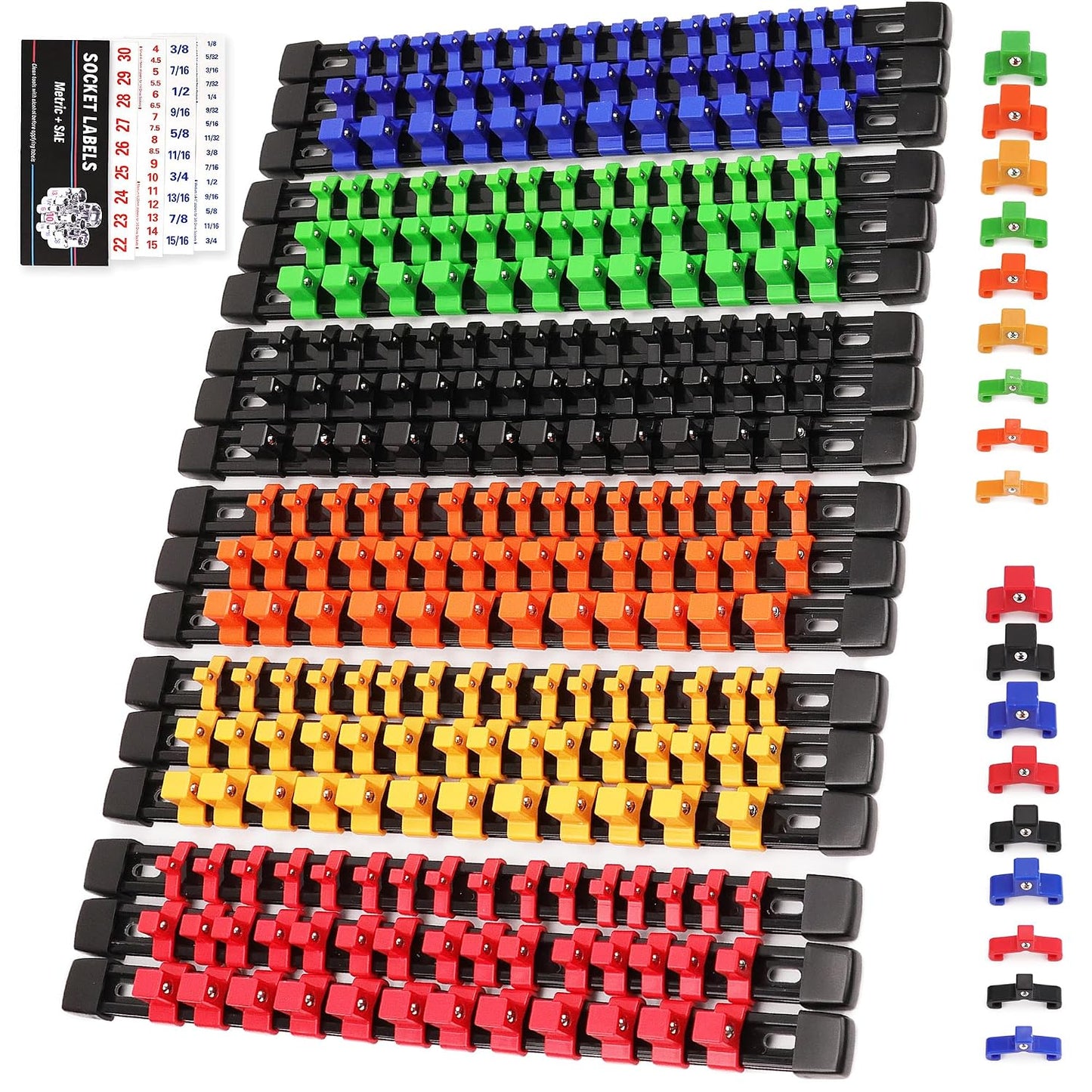 SWANLAKE Socket Organizer Set 18-Piece, 1/4-Inch x 96 Clips, 3/8-Inch x 90 Clips, 1/2-Inch x 72 Clips, Socket Organizer for Tool Box Drawer, Drive Socket Trays, Socket Holder Clip Rail