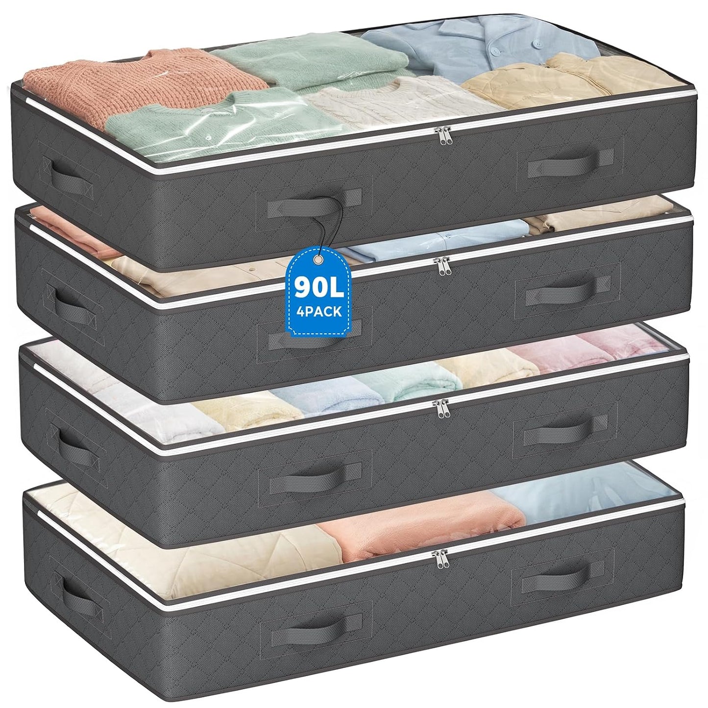90L Under Bed Storage Containers, 4 Pack Closet Organizers Grey | Foldable underbed storage bins for linen sheets, blanket, clothing, comforter, sweaters, pillows, wrapping paper