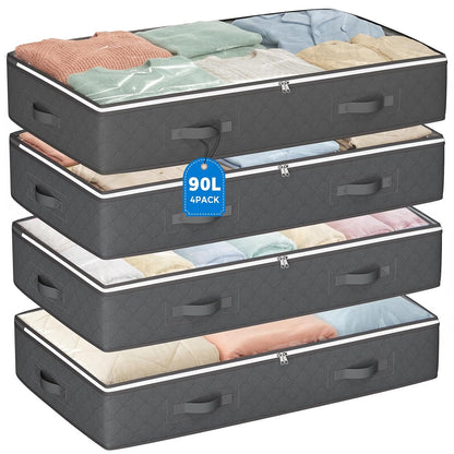 90L Under Bed Storage Containers, 4 Pack Closet Organizers Grey | Foldable underbed storage bins for linen sheets, blanket, clothing, comforter, sweaters, pillows, wrapping paper