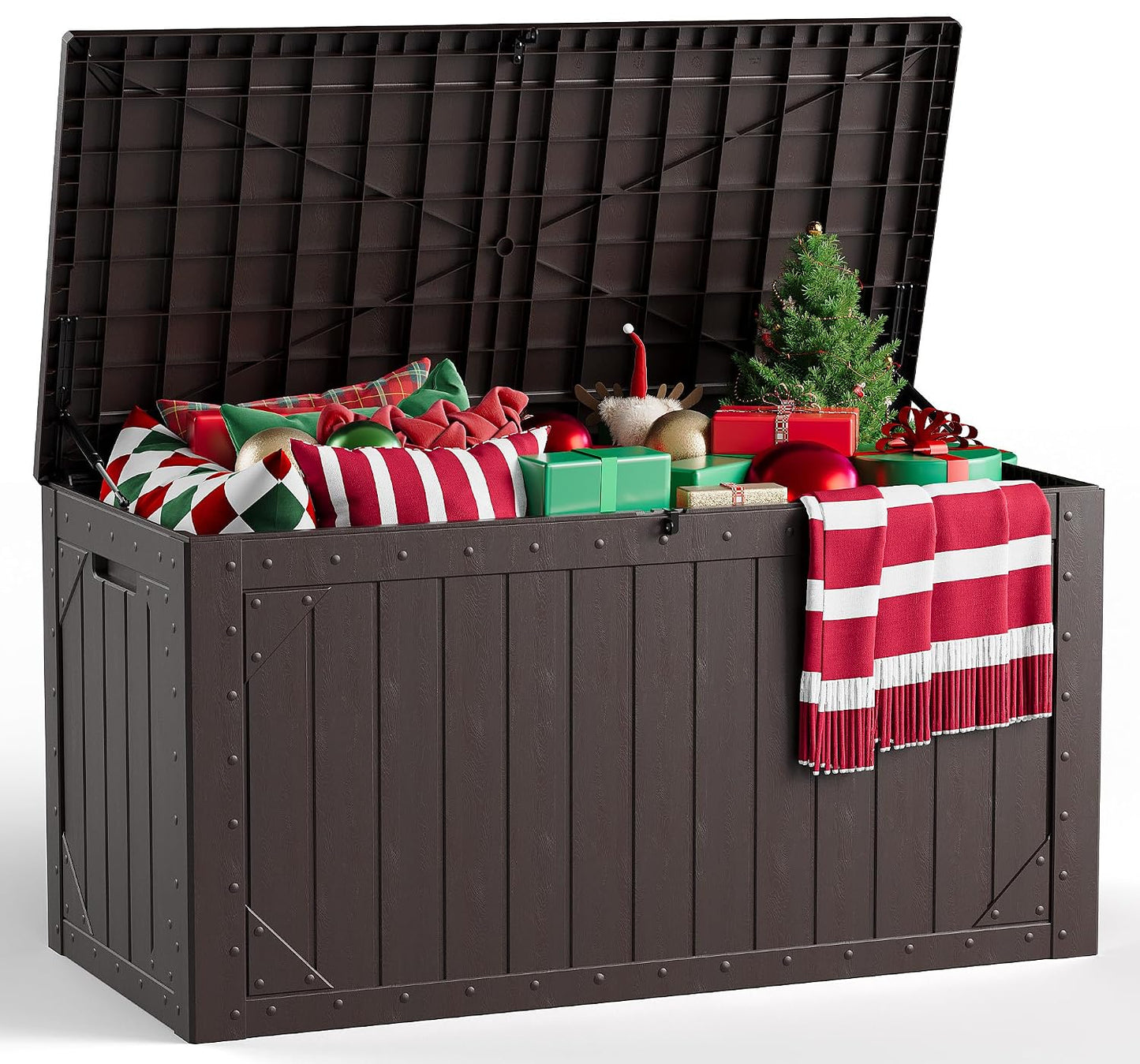 Outdoor Storage Box, 98 Gallon Deck Box, Outdoor Storage Bench, Waterproof Resin Storage Bench with Lockable Lid, Patio Furniture Cushions & Garden Tools Storage, UV Resistant (Brown)