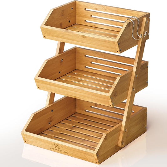 Bamboo Fruit Basket 3-Tier - Premium Produce Baske... (Natural Bamboo | Bamboo)