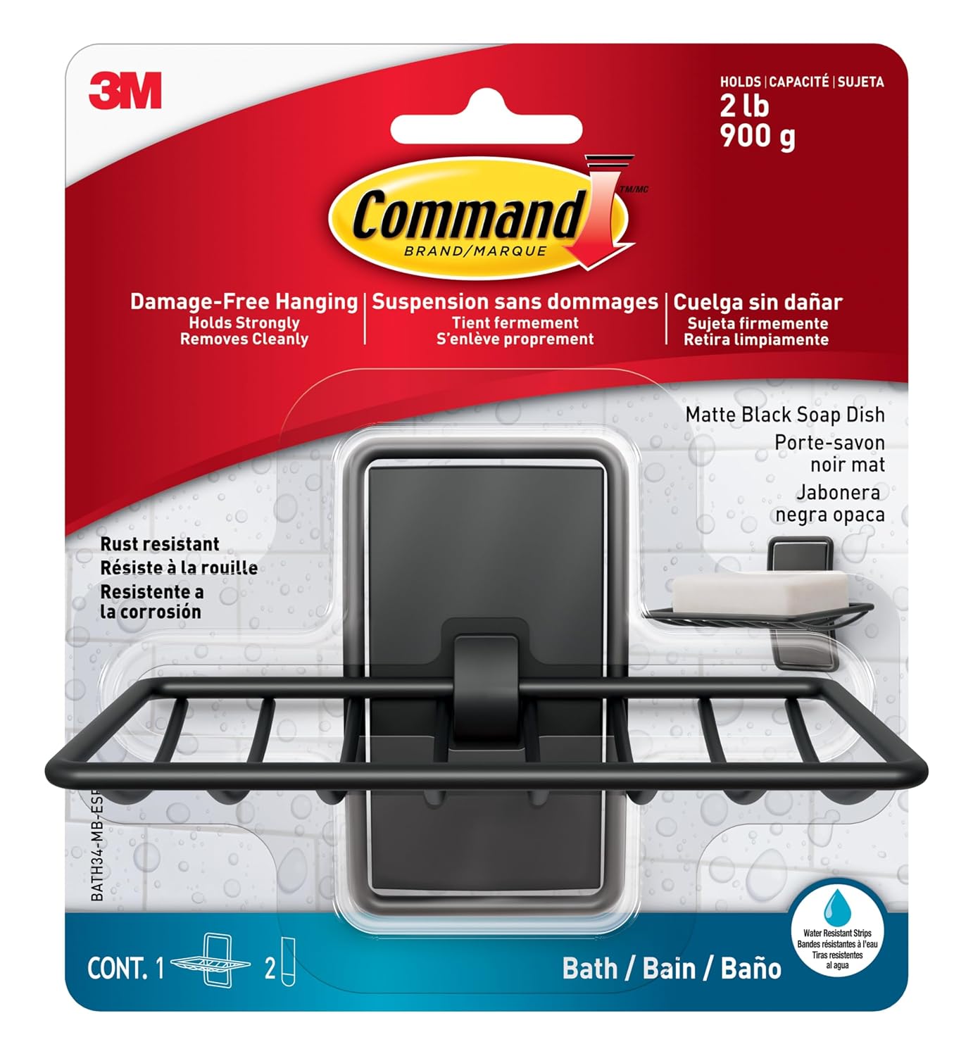 Command Soap Dish, Matte Black, 1 Holder, 2 Strips | For Bathroom Organization, Water Resistant, Damage-Free Hanging with Adhesive Strip, No Tools