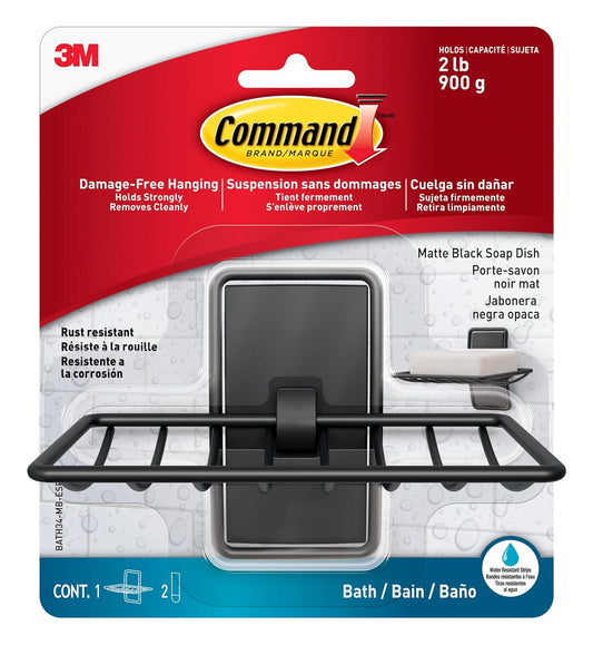 Command Soap Dish, Matte Black, 1 Holder, 2 Strips | For Bathroom Organization, Water Resistant, Damage-Free Hanging with Adhesive Strip, No Tools