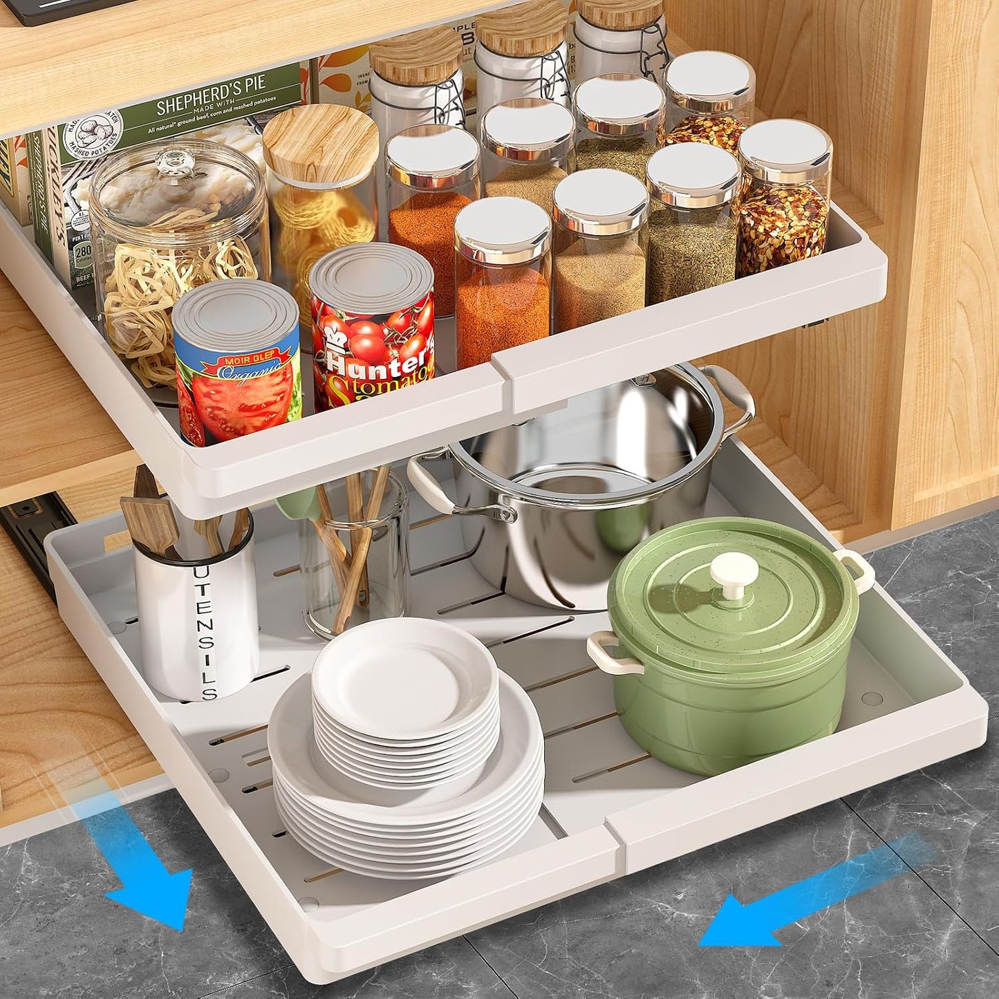 DOMNIU Pull Out Cabinet Organizers Expandable,White,16.9"Depth,2 Pack | Plastic Slide Out Drawers for Kitchen, Bathroom, Pantry, Under Sink Storage, Fixed with Adhesive Nano Film (11.6''-17.5'')
