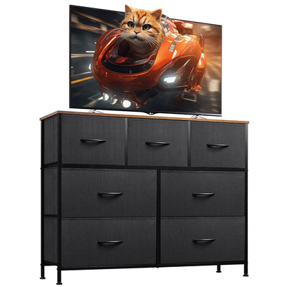 WLIVE Dresser for Bedroom, 7 Drawers, TV Stand, Rustic Brown | 7 roomy fabric drawers, Fits TVs up to 45 inch, Bedroom or living room, Wide storage design, Chest of drawers
