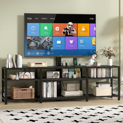 VECELO 63" TV Stand with Mount and Power Outlets, Entertainment Center Console with Open Storage Shelves, Height Adjustable up to 75”, Wooden Table and Metal Frame for Living Room, Matte Black