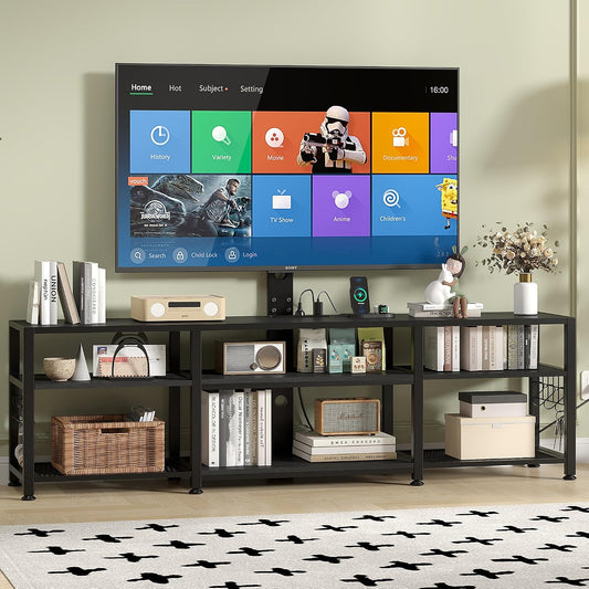 VECELO 63" TV Stand with Mount and Power Outlets, Entertainment Center Console with Open Storage Shelves, Height Adjustable up to 75”, Wooden Table and Metal Frame for Living Room, Matte Black