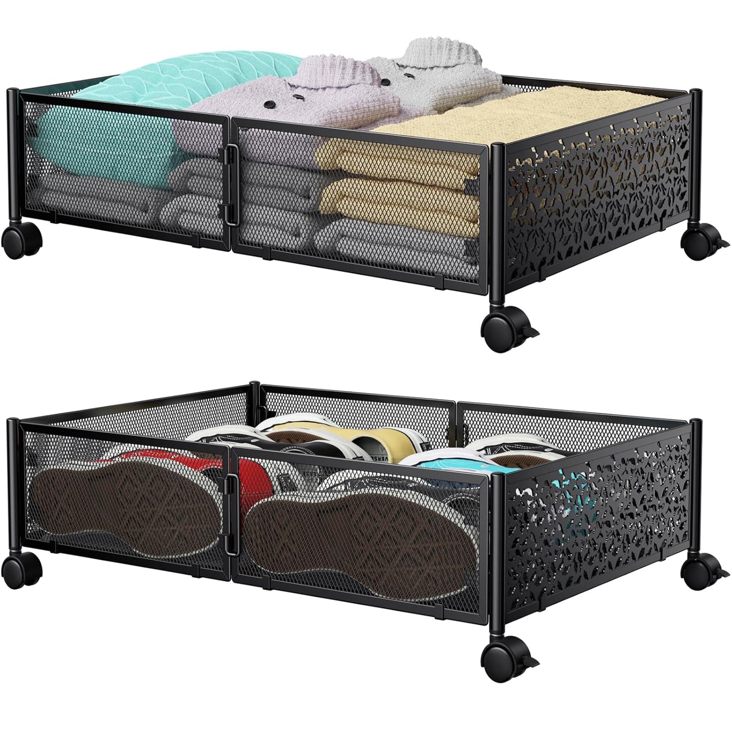 Under Bed Stroage Container with wheels,Patterned,Metal,2 Pack,Black | Tool-free assembly, glide smoothly, easy reach, foldable, maxmazie low-profile beds, dorm, keep seasonal clothes, shoes fresh
