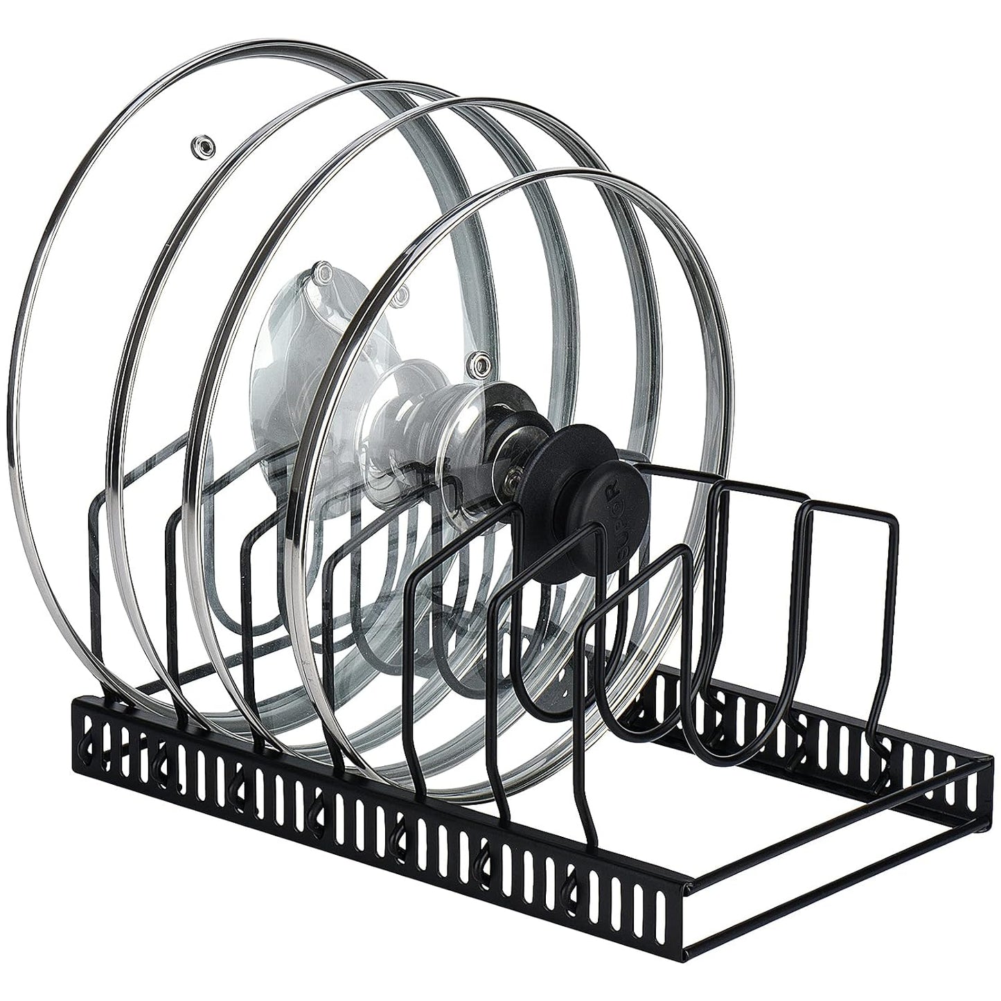 Toplife Pot Lids Organizer Rack for Cabinet and Countertop, 7+ Pan Lids and Bakeware Organizer Rack Holder with 7 Adjustable Compartments - Black
