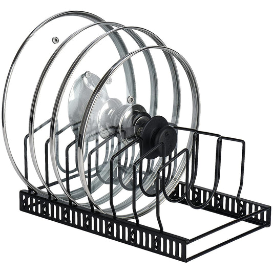 Toplife Pot Lids Organizer Rack for Cabinet and Countertop, 7+ Pan Lids and Bakeware Organizer Rack Holder with 7 Adjustable Compartments - Black