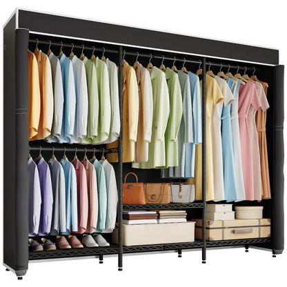 Higeego H8 Heavy Duty Clothes Rack with Cover, Black Portable Closet | Garment Rack with Cover, Clothing Rack for Hanging Clothes, Black Closet Rack with Oxford Dustproof Cover, Closet Organizer