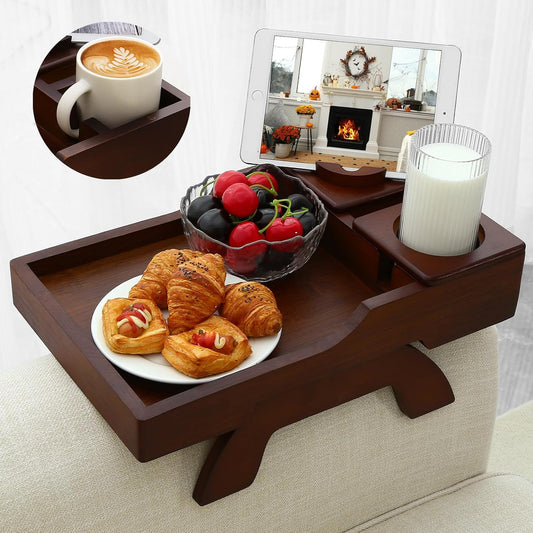 Couch Cup Holder Tray, 15.4"x9.9" Large 4 in 1 Couch Armrest Table with 360°Rotated Phone Holder, Non-Slip Clip on Side Table for Drinks/Remote/Snacks, Ideal Gift for Husband, Wife, Parents
