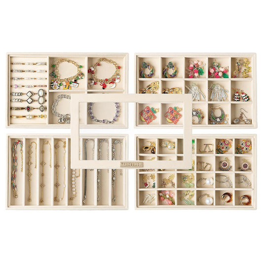 Stackable Jewelry Trays,Set of 4 Jewelry Organizer for Drawer | Glass Lid,Removable Dividers,Real Stackable Design,Velvet Material,Drawer Inserts,Jewelry Box for Earring Rings and Necklace