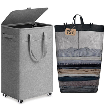 Goodpick 75L Rolling Laundry Hamper with Removable Wash Bag, Grey | 16.5 × 12.5 × 27.5 in, Reinforced Handles, Collapsible Design, Bathroom & Dorm Organization, Clothes & Blankets Storage