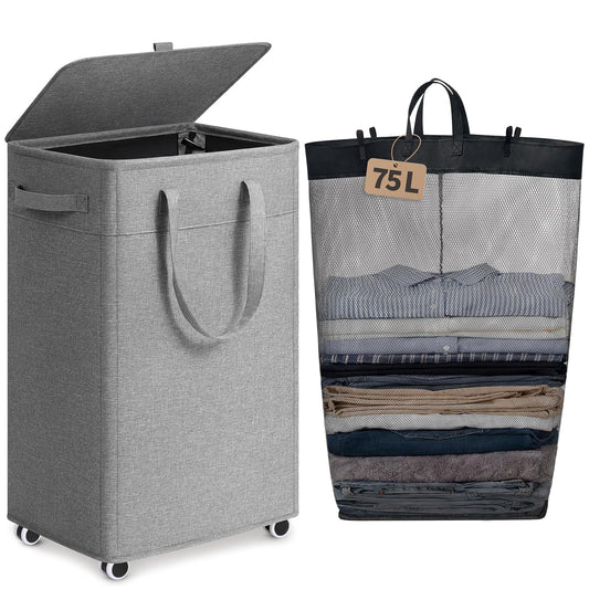 Goodpick 75L Rolling Laundry Hamper with Removable Wash Bag, Grey | 16.5 × 12.5 × 27.5 in, Reinforced Handles, Collapsible Design, Bathroom & Dorm Organization, Clothes & Blankets Storage
