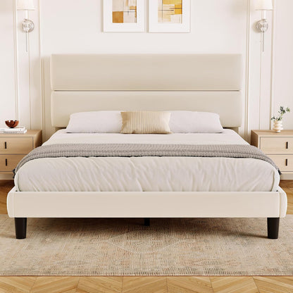 Queen Size Platform Bed Frame with Velvet Headboard, Adjustable Height Wooden Slats Support, Upholstered Mattress Foundation, Fits Mattress or Mattress with Box Spring, Easy Assembly, Beige